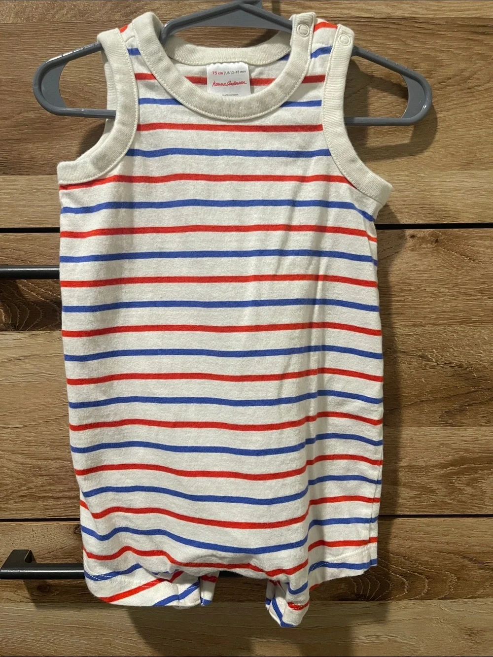 Striped Sleeveless Baby Romper in Cream with Red & Blue Stripes
